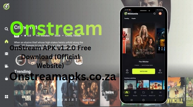OnStream APK website homepage showing streaming app download and entertainment features.