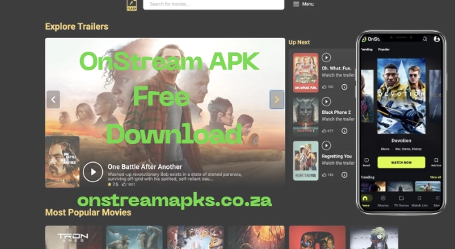 OnStream APK website homepage showing streaming app download and entertainment features.